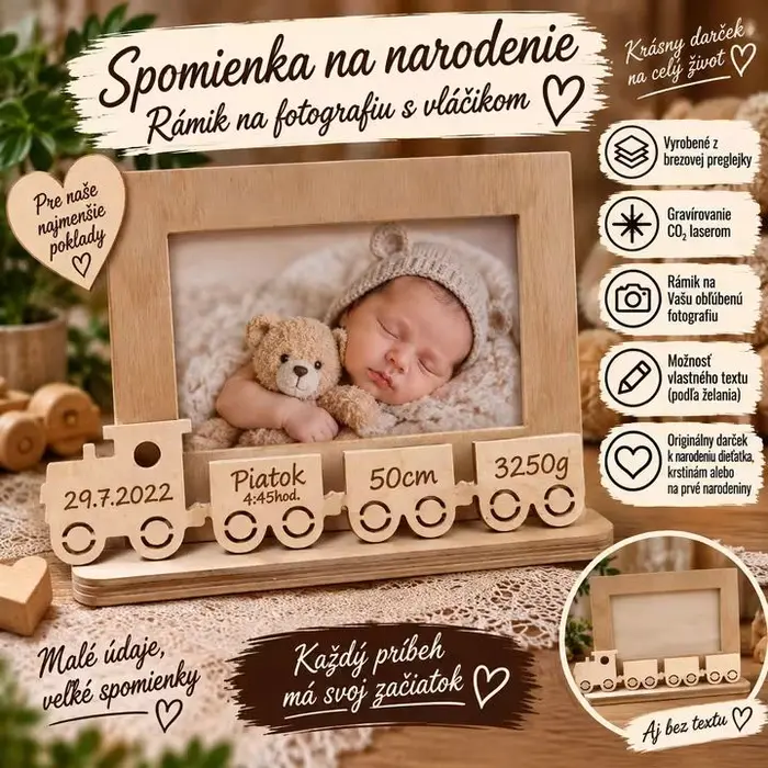 Spomienka na narodenie – drevený fotorámik s vláčikom