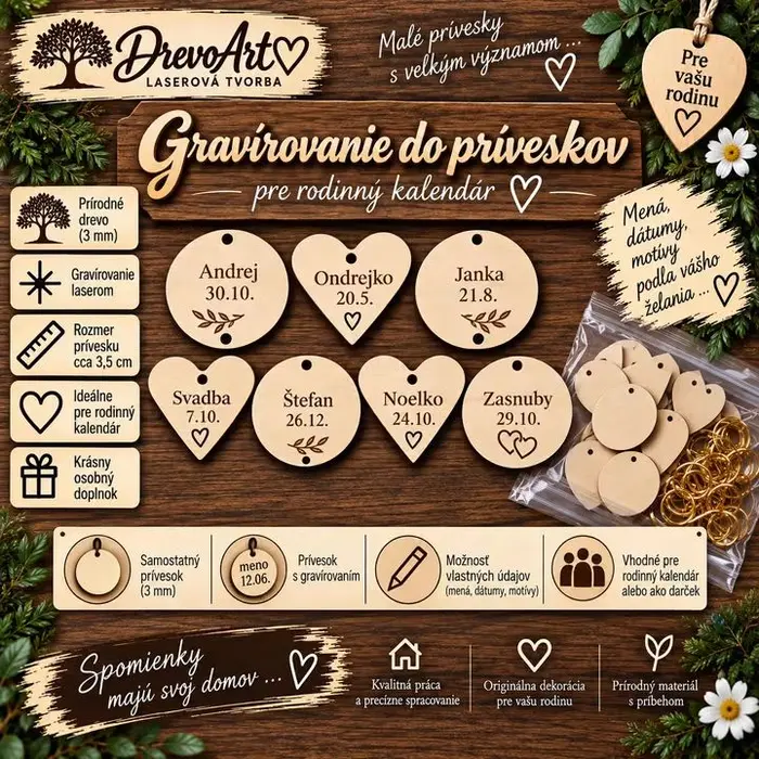 Gravírované prívesky pre rodinný kalendár