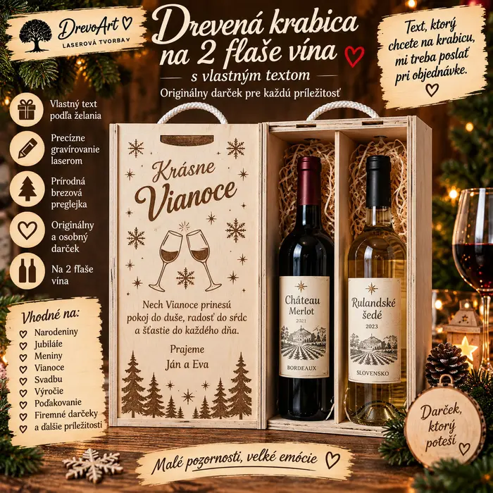 🍷 Drevená krabica na 2 fľaše vína s vlastným textom