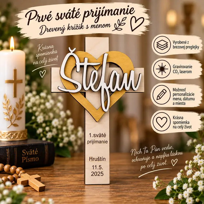 ✝️ Drevený krížik s menom – 1. sväté prijímanie